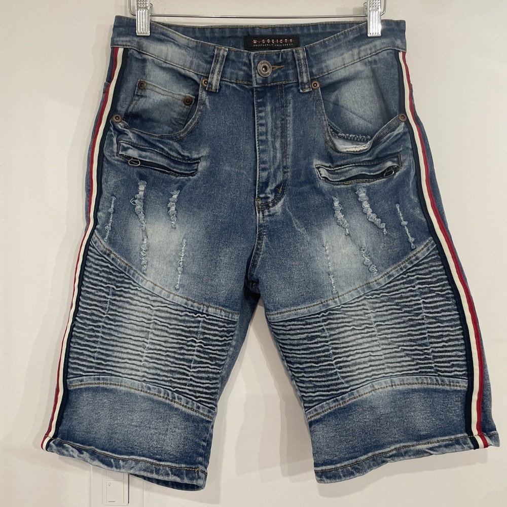 M.Society Politically Incorrect Distressed Tuxedo Stripe Denim Short Men's Sz 30